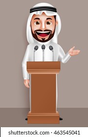 Saudi arab man vector character wearing thobe with a happy smile while talking with microphone in conference. Vector illustration.
