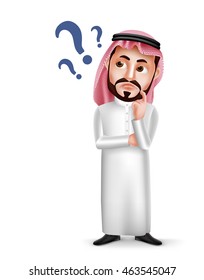 Saudi arab man vector character wearing thobe with confused or thinking facial expression isolated in white background. Vector illustration.
