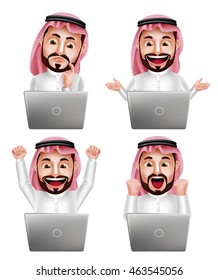 Saudi arab man vector character set in front of laptop with different actions and facial expressions isolated in white background. Vector illustration.
