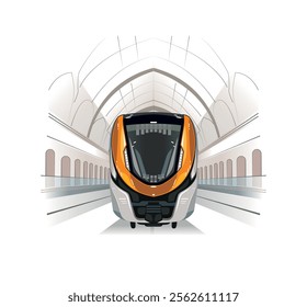 Saudi arab Metro train vector illustration sketch. Fast modern express passenger train on high speed railway station