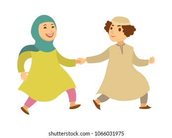 Casal muçulmano árabe saudita ou crianças feliz caminhando personagens de desenhos animados vetoriais