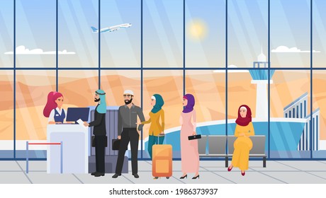 Saudi arab people waiting in line in airport hall terminal vector illustration. Cartoon young woman in hijab, man in robe with travel bag suitcases, muslim characters at flight registration background