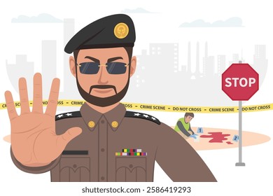 Saudi Arab police man using a hand sign to stop crime scene investigation vector illustration
