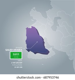 Saudi Arabia 3d map with information of area and population of the country.