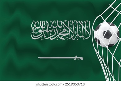 Arábia Saudita 3D ondulando bandeira com futebol e net, arquivo vetorial editável para mídias sociais