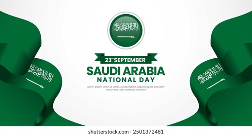 Saudi Arabia 3D waving ribbon flag background design. Template for Saudi independence day