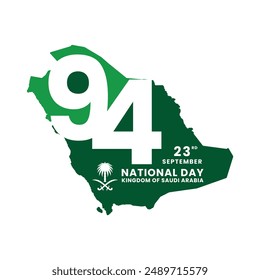 Arabia Saudita 94° Día Nacional Mapa Ilustración - 23 de septiembre Celebración con Emblema Nacional y Fecha en Colores verdes y blancos