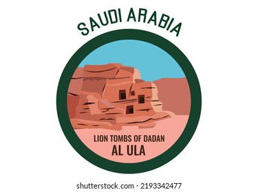 Saudi Arabia Al Ula Lion Tombs Of Dadan Ancient Kingdom. Editable Clip Art.