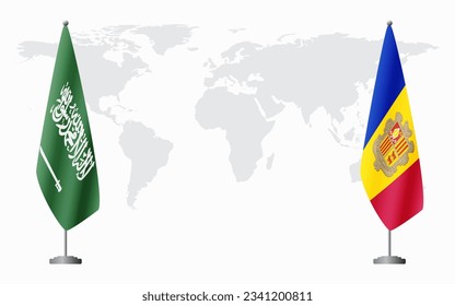 Saudi Arabia and Andorra flags for official meeting against background of world map.