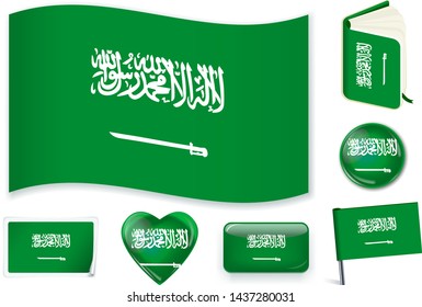 Saudi Arabia. Saudi Arabian national flag in wave, book, circle, pin, button, heart and sticker shapes.