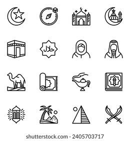 Saudi Arabia And Arabic Culture Line Icons set. islam, islamic, muslim, sword, carpet, ethnic, moon, pictogram, stroke, tradition, desert, outline, palm, religion, arabian, east, book, e