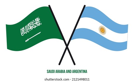 Saudi Arabia and Argentina Flags Crossed And Waving Flat Style. Official Proportion. Correct Colors.