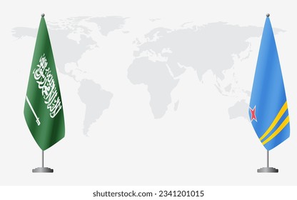 Saudi Arabia and Aruba flags for official meeting against background of world map.