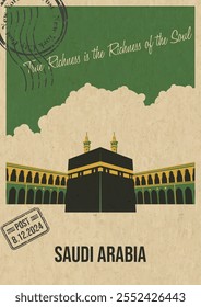 Cartão postal de atração da Arábia Saudita, ilustração de lugar mais popular, modelo de vetor estilo retro cartão de saudação com desejo de caligrafia. Impressão Postal, Textura de Papel Antigo