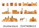 Saudi Arabia authentic architecture vector illlustrations set. Traditional ancient Arabian houses, village, gates, mosque, beduin with camel. 