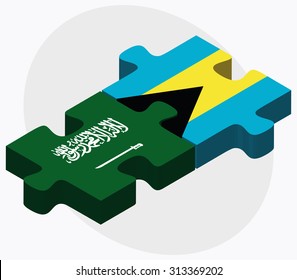 Saudi Arabia and Bahamas Flags in puzzle  isolated on white background
