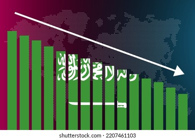 Gráfico de barras de Arabia Saudita, valores decrecientes, concepto de crisis y degradación de la calificación, gráfico de barras de bandera de Arabia Saudita, flecha abajo en los datos, idea de banner de noticias, falla y disminución, estadística financiera