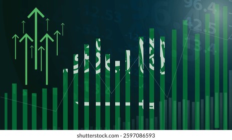 Saudi Arabia bar chart graph with ups and downs, increasing values, Saudi Arabia country flag on bar graph, upward rising arrow on data, news banner idea, developing country concept