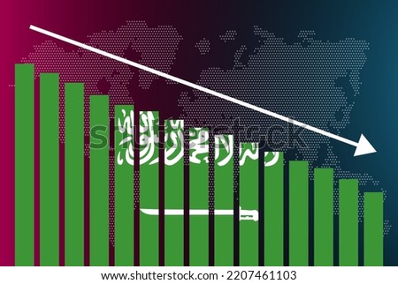 Saudi Arabia bar chart graph, decreasing values, crisis and downgrade concept, Saudi Arabia flag on bar graph, down arrow on data, news banner idea, fail and decrease, financial statistic