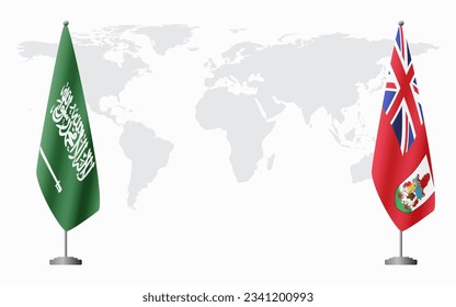 Saudi Arabia and Bermuda flags for official meeting against background of world map.