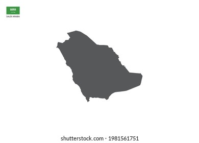 Saudi Arabia black shadow map isolated on white background with Saudi Arabia icon flag on the left corner.