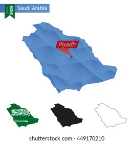 Saudi Arabia blue Low Poly map with capital Riyadh, four versions of map. Vector Illustration.