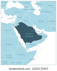 Saudi Arabia - blue map with neighboring countries and names. Vector illustration