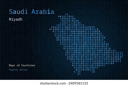 Saudi Arabia Blue Map Shown in Binary Code Pattern. Matrix numbers, zero, one. World Countries Vector Maps. Digital Series