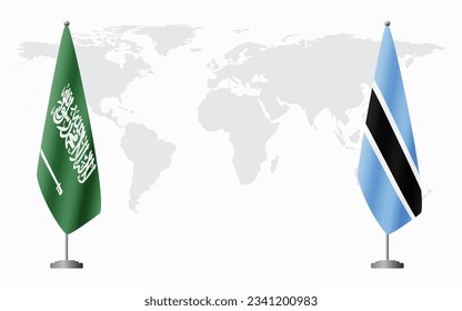 Saudi Arabia and Botswana flags for official meeting against background of world map.