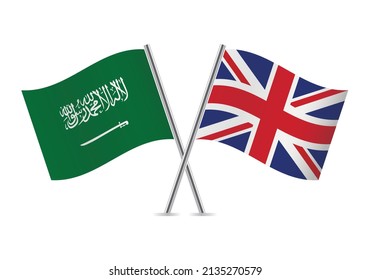 Saudi Arabia and Britain crossed flags. Saudi Arabian and British flags isolated on white background. Vector icon set. Vector illustration.