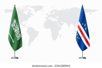 Saudi Arabia and Cape Verde flags for official meeting against background of world map.