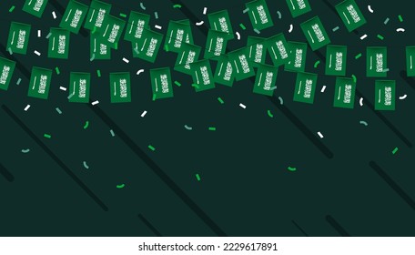 Saudi arabia celebration bunting flags with confetti and ribbons on green background. vector illustration.