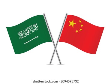 Saudi Arabia and China flags. Saudi and Chinese flags isolated on white background.  Vector illustration.