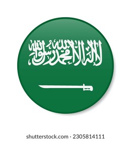 Saudi Arabia circle button icon. Saudi Arabian round badge flag with shadow. 3D realistic vector illustration isolated on white.