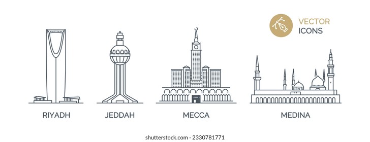 Сollection of SAUDI ARABIA cities icons with urban landmarks. Linear illustrations of modern city symbols by RIYADH, JEDDAH, MECCA, MEDINA. Vector on white background isolated.