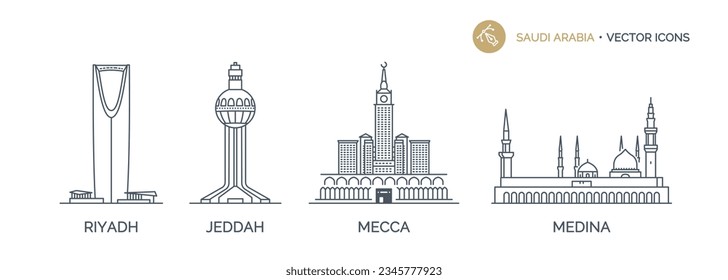 Сollection of SAUDI ARABIA cities icons with urban landmarks. Linear illustrations of modern city symbols by RIYADH, JEDDAH, MECCA, MEDINA. Vector on white background isolated.