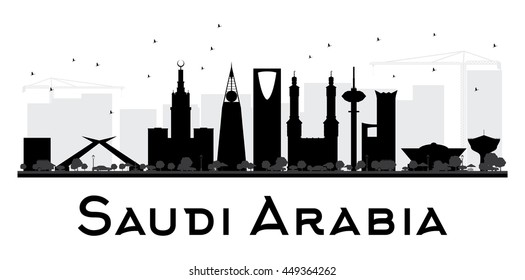 Saudi Arabia City skyline black and white silhouette. Vector illustration. Simple flat concept for tourism presentation, banner, placard or web site. Business travel concept. Cityscape with landmarks