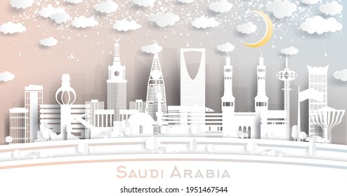 Esquina de la ciudad saudita en estilo corte de papel con copos de nieve, luna y garland neón. Ilustración vectorial. Concepto de Año Nuevo.