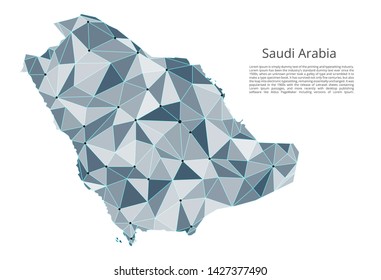Saudi Arabia communication network map. Vector low poly image of a global map with lights in the form of cities in or population density consisting of points and shapes and space. Easy to edit