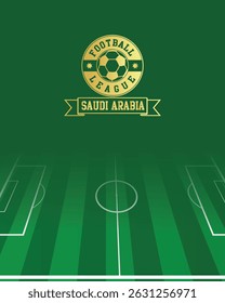 Saudi Arabia Concept for Football League Gold Stamp with Soccer Green Field Background, abstract illustration image