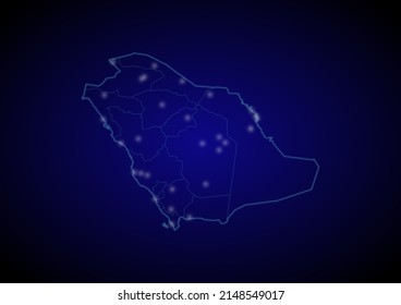 Saudi Arabia concept vector map with glowing cities, map of Saudi Arabia suitable for technology,innovation or internet concepts.