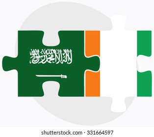 Saudi Arabia and Cote Divoire Flags in puzzle isolated on white background