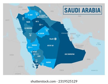 Saudi Arabia country political map.  Detailed vector illustration with isolated provinces, departments, regions, cities, islands and states easy to ungroup.