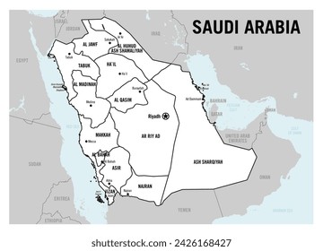 Saudi Arabia country white basic political map. Detailed vector illustration with isolated provinces, departments, regions, cities, islands and states easy to ungroup.