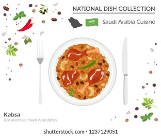 Saudi Arabia Cuisine. Middle East national dish collection.  Kabsa isolated on white, infograpic. Vector illustration
