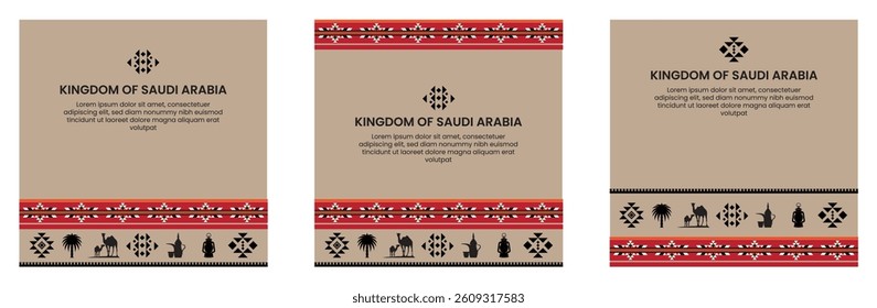 Saudi Arabia Cultural Background with Red Al-Sadu Textile Pattern and Desert Life Silhouettes

