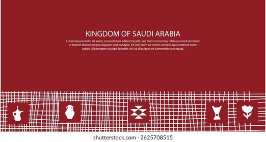 Saudi Arabia Cultural Heritage Icons on Red Background with Traditional Al Sadu Pattern Border Design

