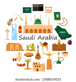 Saudi Arabia culture elements and food, modern and heritage landmark in round infographic banner with title. Traditional old building and oud guitar, hookah in circle cartoon vector illustration