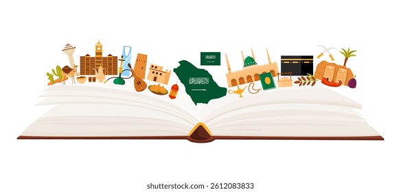 Saudi Arabia culture elements and Islamic landmarks, Arabic language study in infographic collage. Open big book and mosque, Clock Tower and modern skyscraper, map and flag cartoon vector illustration
