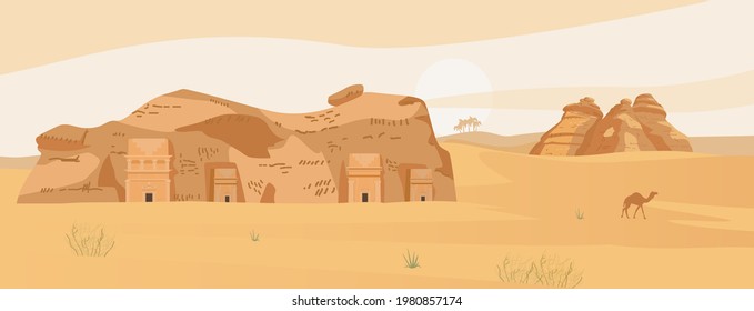 Saudi Arabia Desert Landscape With Ancient Tombs Of Al Ula. Hegra Ancient Village. Sand Rocks. Flat Vector Illustration.